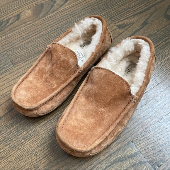 UGG Men\'s Ascot Slipper chestnut suede and sheep wool lined slip ons